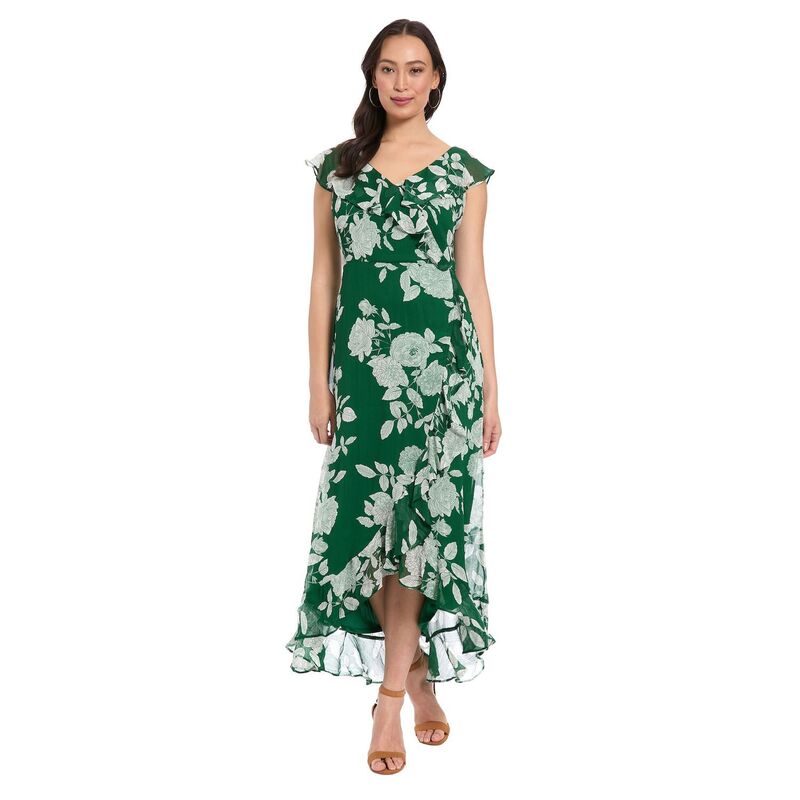 ロンドンタイムス レディース トップス ワンピース フリル マキシ Women's London Times Ruffled Maxi Dress Green White ホワイト