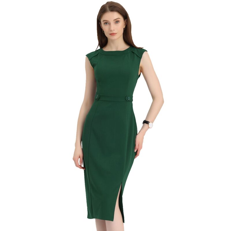 アレグラ ケー レディース トップス ワンピースリムフィット ノースリーブ ALLEGRA K Sheath Dress for Women'sleeveless Round Neck Slim Fit Split Work Bodycon Pencil Dresses Dark Green グリーン|ReVida 店