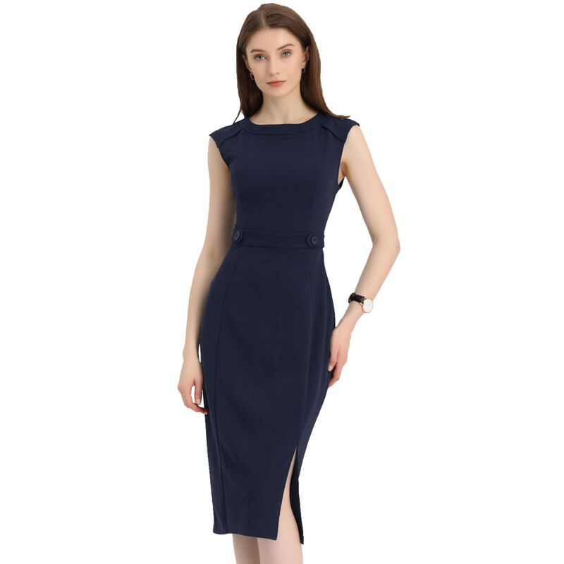 アレグラ ケー レディース トップス ワンピースリムフィット ノースリーブ ALLEGRA K Sheath Dress for Women'sleeveless Round Neck Slim Fit Split Work Bodycon Pencil Dresses Navy Blue ネイビー