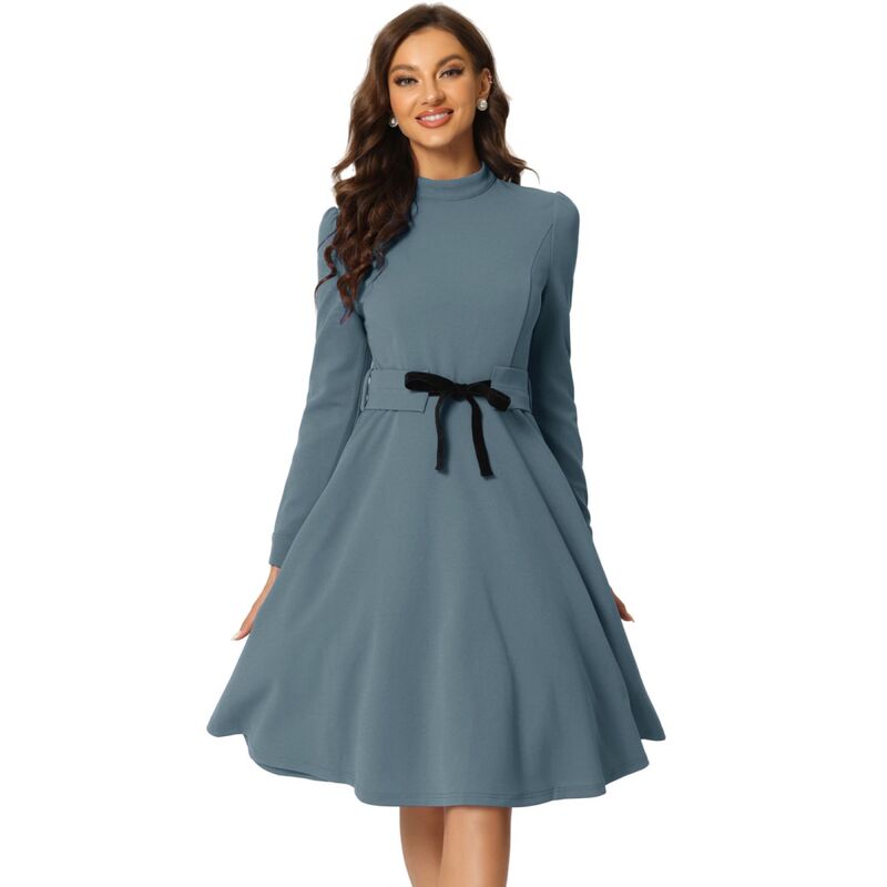 アレグラ ケー レディース トップス ワンピース モックネック ミディ ニット ALLEGRA K Women's Elegant Mock Neck Long Sleeve Self Tie Waist Knit Midi Dress Grey グレー|ReVida 店
