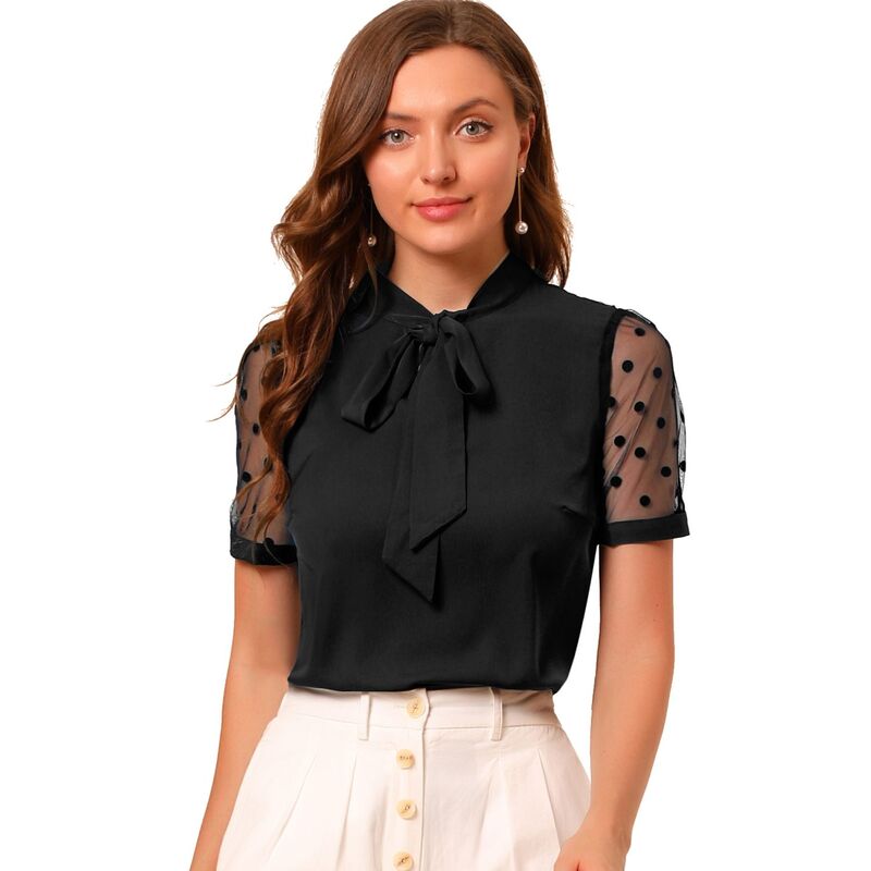 アレグラ ケー レディース トップス シャツ Vネック メッシュ ブラウス ALLEGRA K Women's Bow Tie Neck V Neck Stand Collar Short Mesh Sleeve Blouse Black ブラック｜ReVida 店