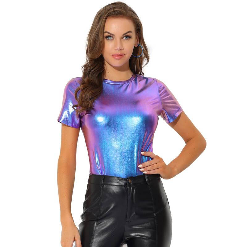 アレグラ ケー レディース トップス シャツ トール ALLEGRA K Women's Discoutfit Party Club Sparkly Rainbow Metallic Top Blue Purple ブルー