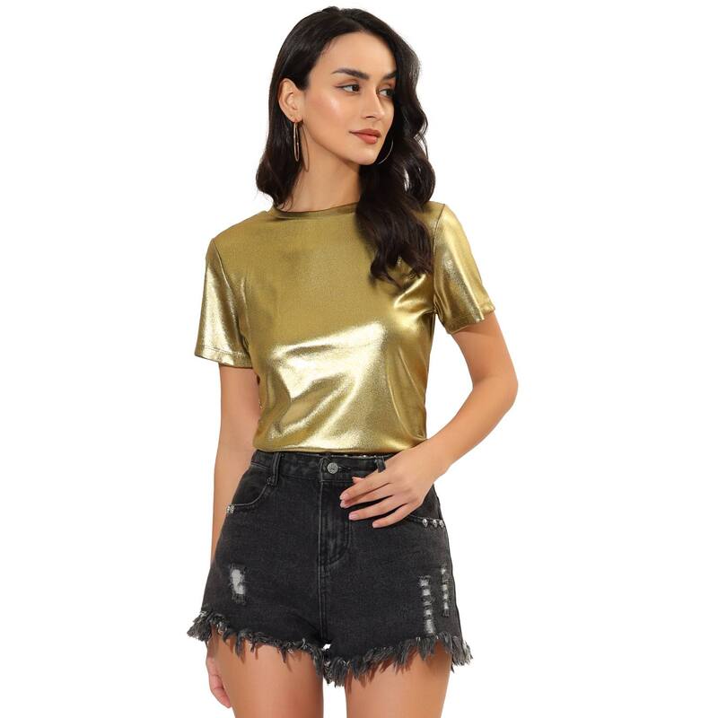 アレグラ ケー レディース トップス シャツ トール ALLEGRA K Women's Discoutfit Party Club Sparkly Rainbow Metallic Top Gold ゴールド|ReVida 店