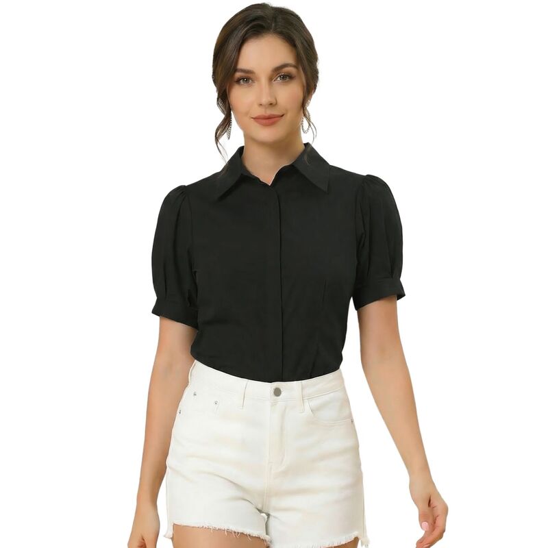 アレグラ ケー レディース トップス シャツ ボタンダウン ALLEGRA K Women Puffy Sleeve Point Collar Button Down Essential Office Shirt Black ブラック