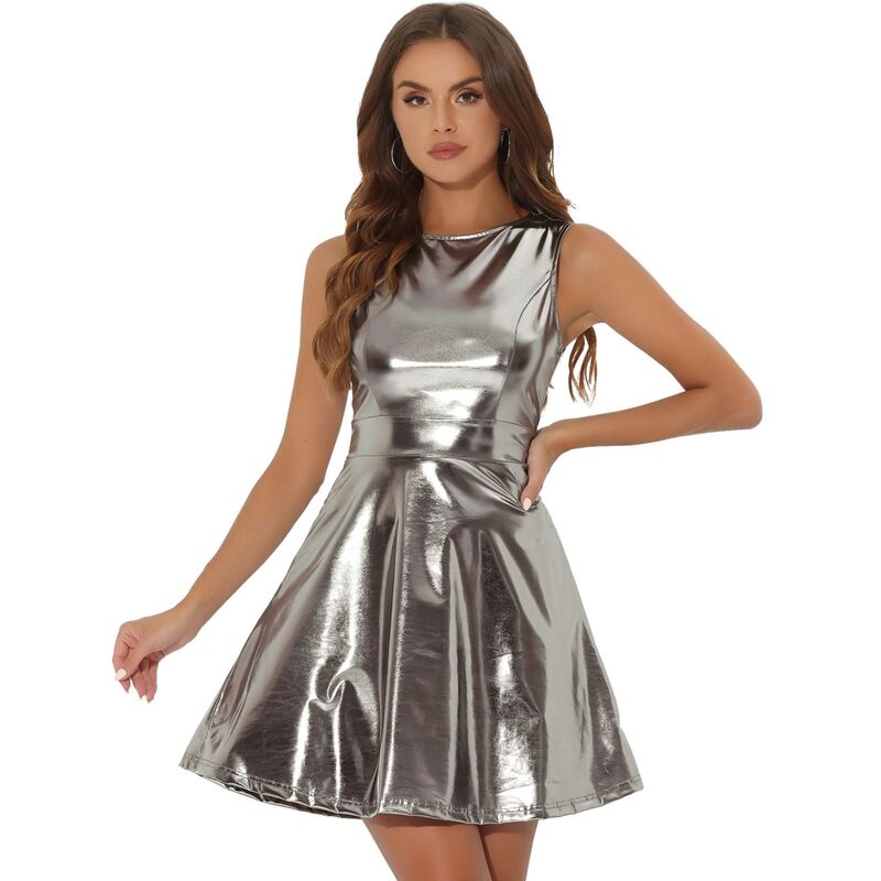 アレグラ ケー レディース トップス ワンピース ハイウエストール ノースリーブ ALLEGRA K Women's Metallic Sleeveless Round Neck High Waist Fit and Flare Dress Black Silver ブラック