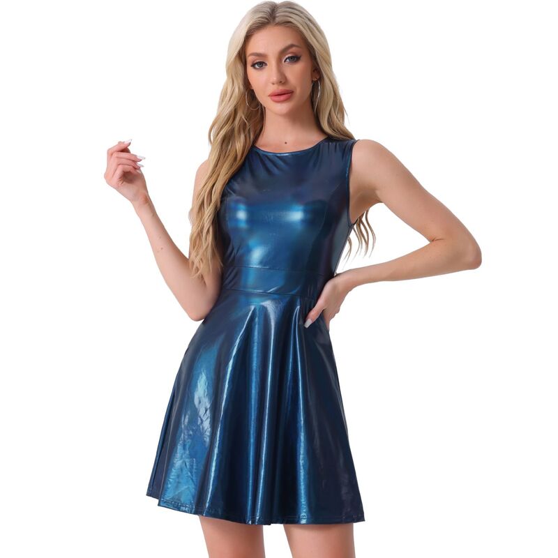 アレグラ ケー レディース トップス ワンピース ハイウエストール ノースリーブ ALLEGRA K Women's Metallic Sleeveless Round Neck High Waist Fit and Flare Dress Dark Blue ブルー