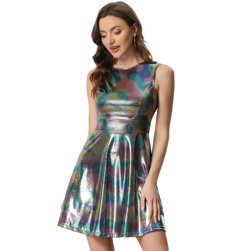 アレグラ ケー レディース トップス ワンピース ハイウエストール ノースリーブ ALLEGRA K Women's Metallic Sleeveless Round Neck High Waist Fit and Flare Dress Multicolor マルチカラー