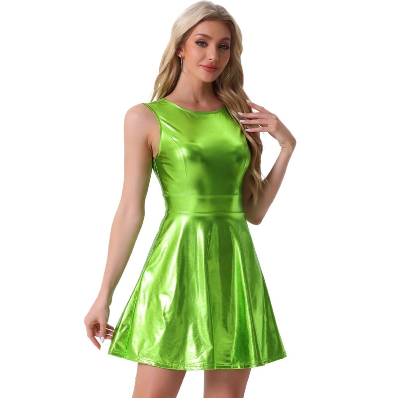 アレグラ ケー レディース トップス ワンピース ハイウエストール ノースリーブ ALLEGRA K Women's Metallic Sleeveless Round Neck High Waist Fit and Flare Dresshiny Green グリーン｜ReVida 店