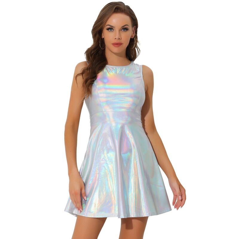 アレグラ ケー レディース トップス ワンピース ハイウエストール ノースリーブ ALLEGRA K Women's Metallic Sleeveless Round Neck High Waist Fit and Flare Dressilver シルバー