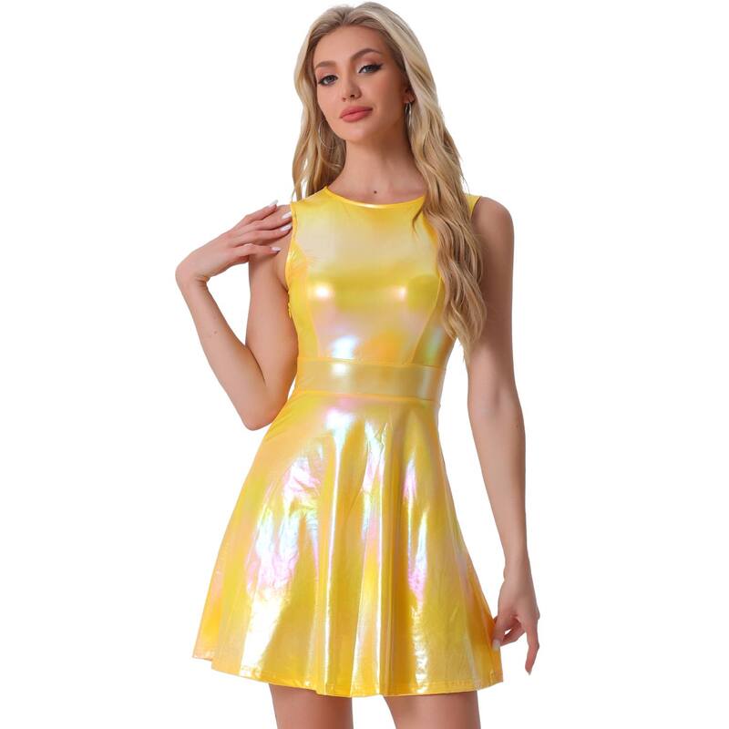 アレグラ ケー レディース トップス ワンピース ハイウエストール ノースリーブ ALLEGRA K Women's Metallic Sleeveless Round Neck High Waist Fit and Flare Dress Yellow イエロー