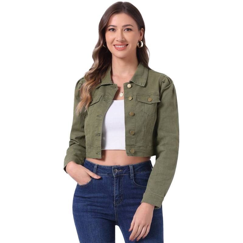 アレグラ ケー レディース アウター ジャケット・ブルゾン ボタンダウン デニム ALLEGRA K Women's Classicasual Puffy Sleeve Button Down Cropp Denim Jacket Army Green グリーン