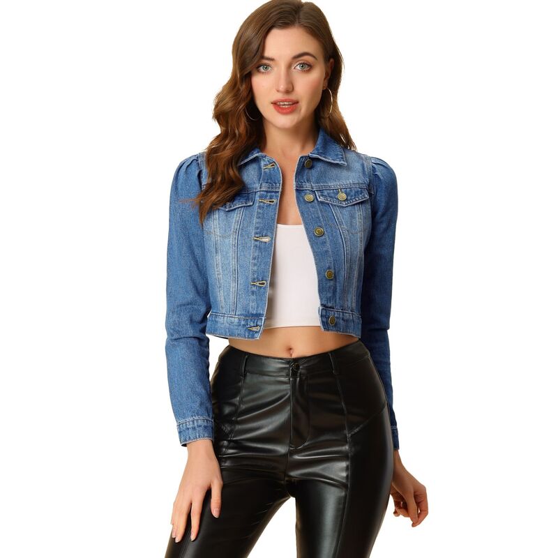 アレグラ ケー レディース アウター ジャケット・ブルゾン ボタンダウン デニム ALLEGRA K Women's Classicasual Puffy Sleeve Button Down Cropp Denim Jacket Blue ブルー