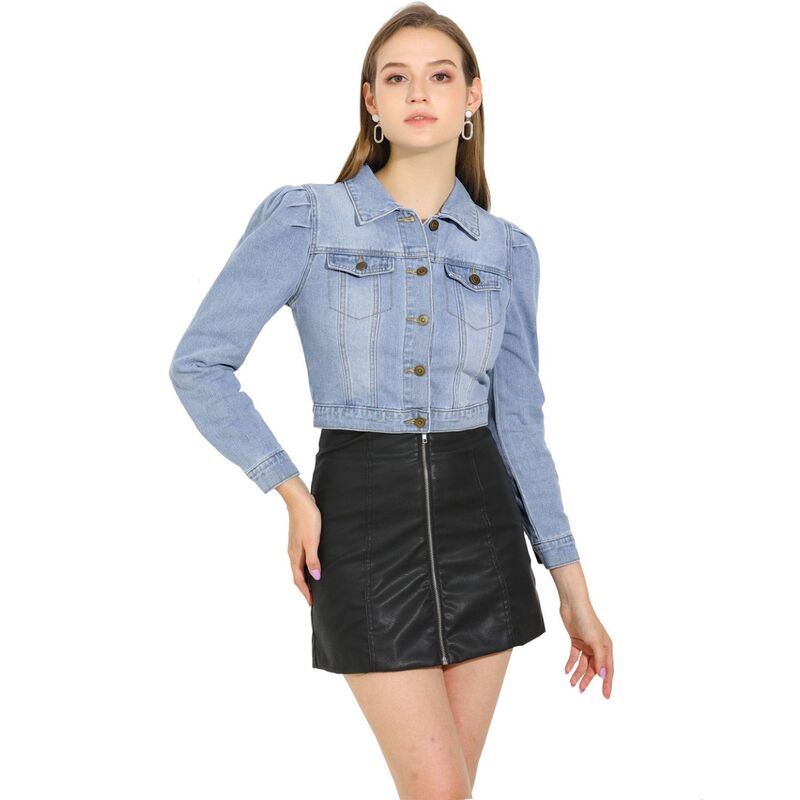 アレグラ ケー レディース アウター 上衣・上衣 名取り草落ち込む ジーンズ ALLEGRA K Women\u0027s Classicasual Puffy Sleeve Button Down Cropp Denim Jacket Light Blue 青み