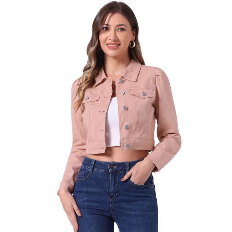 アレグラ ケー レディース アウター 上衣・上衣 名取り草落ち込む ジーンズ ALLEGRA K Women\u0027s Classicasual Puffy Sleeve Button Down Cropp Denim Jacket Pink サクラ色