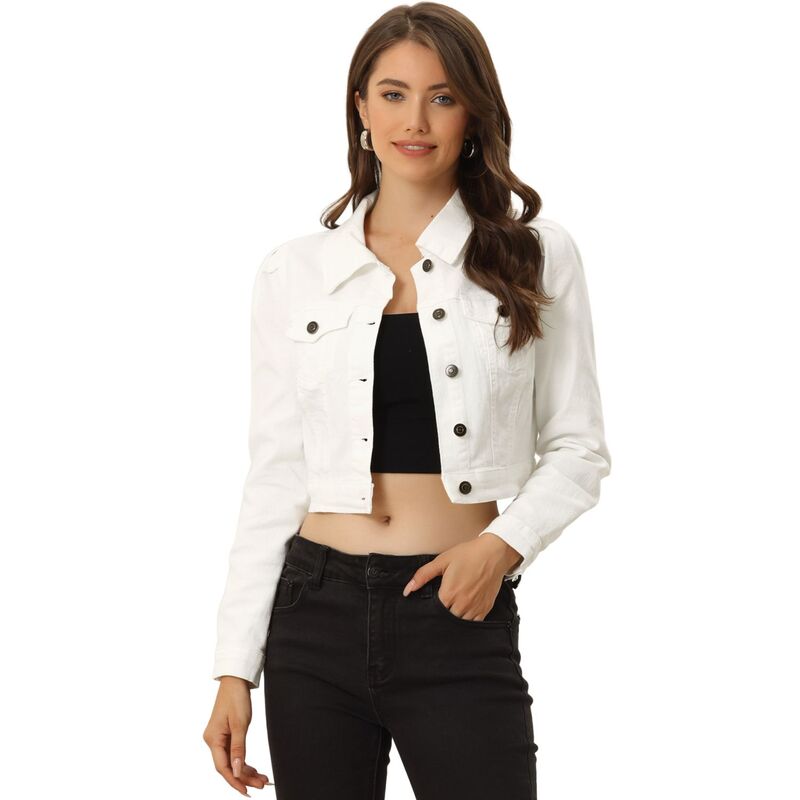 アレグラ ケー レディース アウター 上衣・上衣 名取り草落ち込む ジーンズ ALLEGRA K Women\u0027s Classicasual Puffy Sleeve Button Down Cropp Denim Jacket White 白いこと
