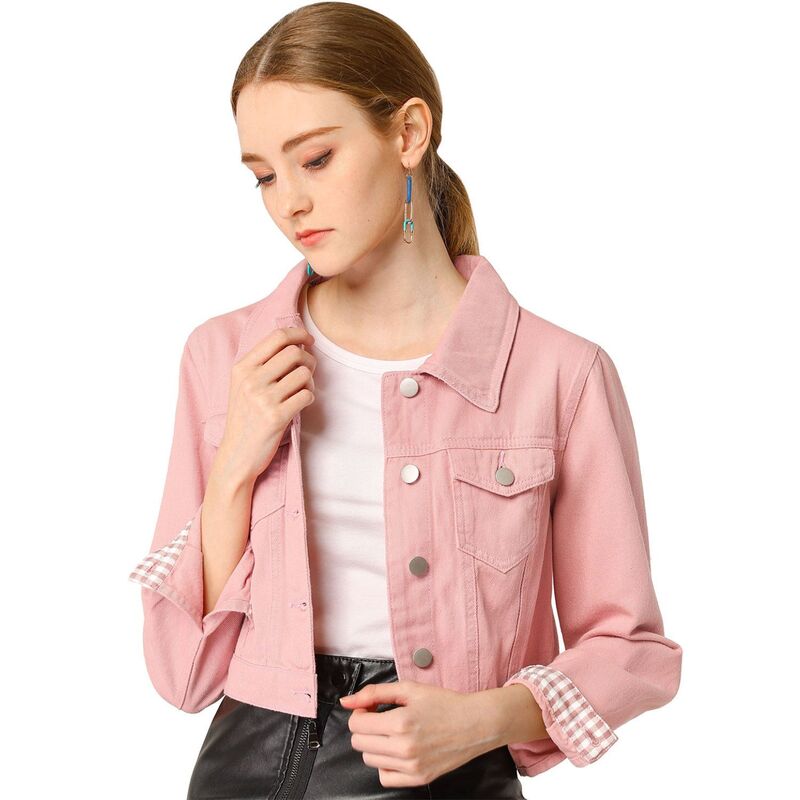 アレグラ ケー レディース アウター 上衣・上衣 名取り草落ち込む クロップド ジーンズ ALLEGRA K Women\u0027s Button Down Long Sleeves Croppedenim Jacket Peach Pink サクラ色