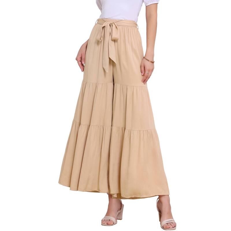 アレグラ ケー レディース ボトムス カジュアルパンツ フリル裾 ワイドレッグ フリル ALLEGRA K Women's Boho Elastic High Waisted Tie Waist Ruffle Hem Wide Leg Palazzo Pants Light Khaki カーキ｜ReVida 店