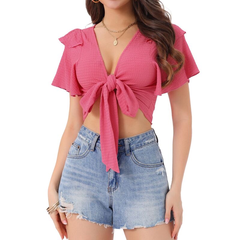 アレグラ ケー レディース トップス Tシャツ フリル ブラウス ALLEGRA K Ruffle Sleeve Crop Top For Women's Tie Closure Summer Casual Blouse Hot Pink ピンク