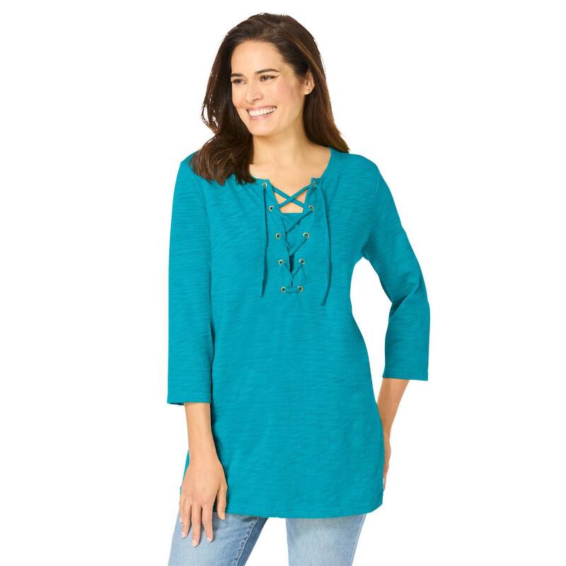 ウーマン ウィズイン レディース トップス Tシャツ プラスサイズ レース Woman Within Plusize Lace-Up Three-Quarter Sleeve Tee Pretty Turquoise ターコイズ｜ReVida 店