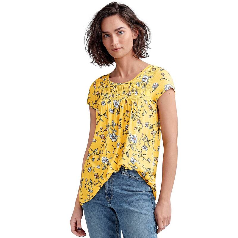 Ellos レディース トップス ティーシャツ つけ加える大いさ シャーリング ellos Plusize Smocked Tunic Primrose Yellow Floral 黄み Tシャツ・カットソー-レディースファッション