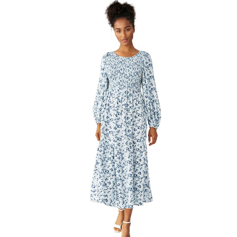Ellos レディース トップス ワンピース ティアード プラスサイズ ミディ シャーリング ellos Plusize Smocked Bodice Tiered Midi Dress Blue Lake Floral ブルー|ReVida 店