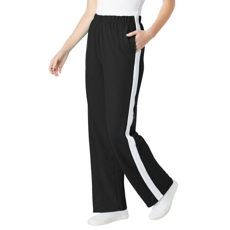 ウーマン ウィズイン レディース ボトムス カジュアルパンツ プラスサイズ プチ パイル コットン Woman Within Plusize Petite Cotton French Terry Straight-Leg Pull-On Side-Stripe Pants Black White ホワイト