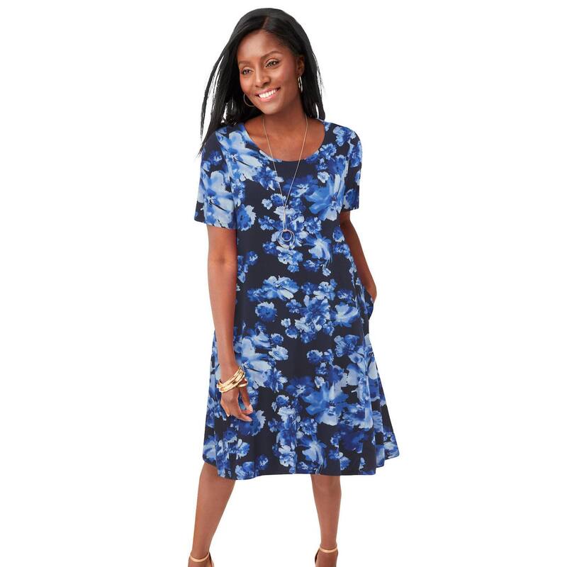 ジェシカロンドン レディース トップス ワンピース A ライン プラスサイズ ニット Jessica London Women's Plusize Stretch Knit A-Line Dress Blue Floral Print ブルー