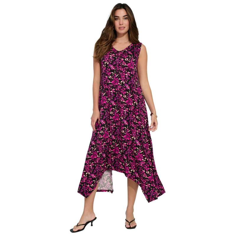 ロアマンズ レディース トップス ワンピース プラスサイズ ノースリーブ ニット Roaman's Women's Plusize Stretch Knit Mid Length Sleevelesswing Dress Raspberry Watercolor