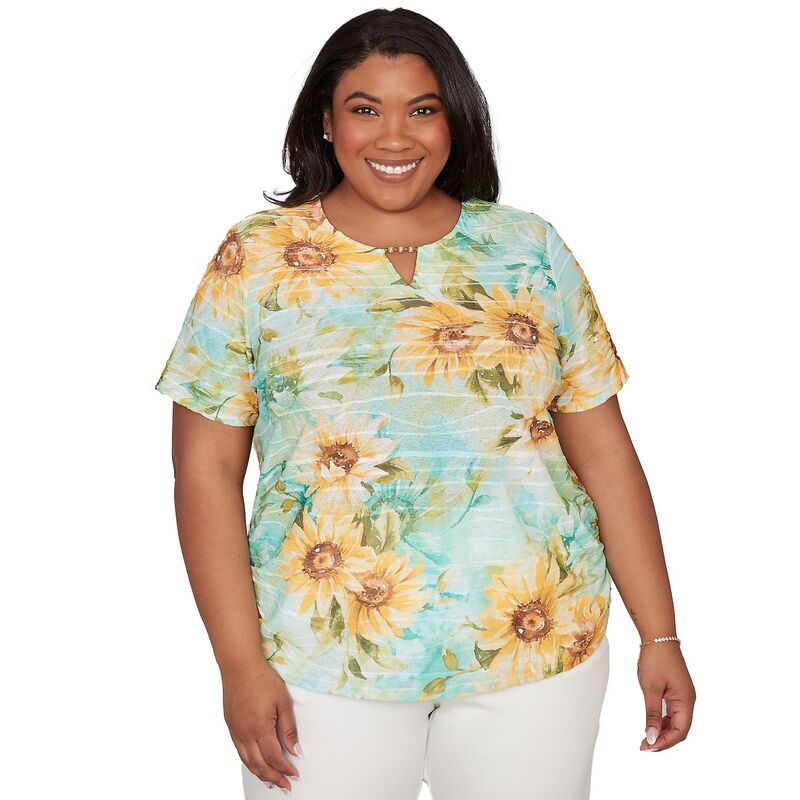 アルフレッド ダナー レディース トップス プルオーバー つけ加える大きさ ギャザー Plusize Alfredunner Sunflower Split Neck Side Ruched T-Shirt Multi Yellow 黄色