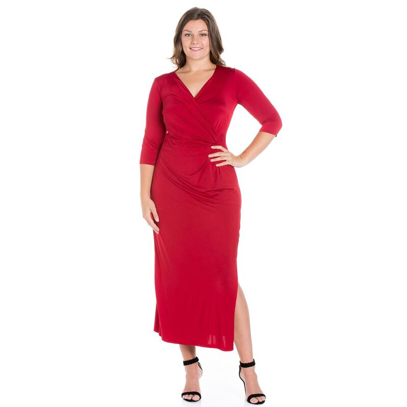 24 セブンコンフォート レディース トップス ワンピース サイドスリット Vネック プラスサイズ マキシ Plusize 24seven Comfort Apparel Fitted V-Neck Side Slit Maxi Dress Red レッド|ReVida 店
