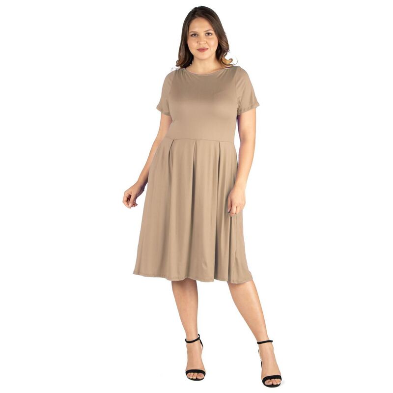 24 セブンコンフォート レディース トップス ワンピース プラスサイズ フリル ミディ Plusize 24Seven Comfort Apparel Ruffled Midi Skater Dress Taupe トープ｜ReVida 店
