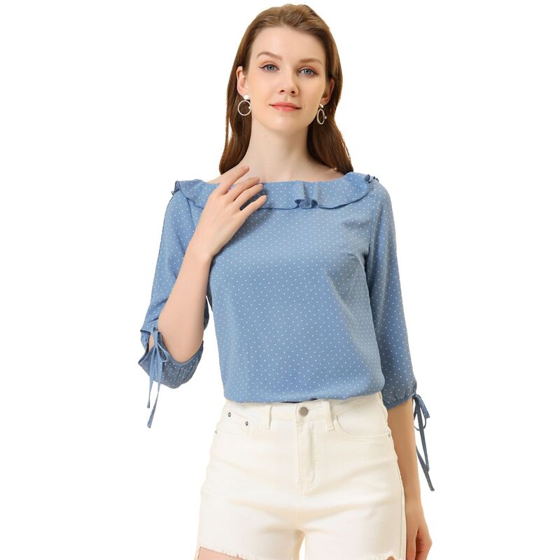 アレグラ ケー レディース トップス シャツ ヴィンテージ ドット フリル ブラウス ALLEGRA K Women Vintage 3/4 Sleeve Tops Boat Neck Ruffled Polka Dots Blouse Dusty Blue ブルー