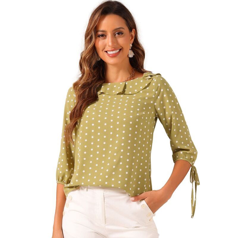 アレグラ ケー レディース トップス シャツ ヴィンテージ ドット フリル ブラウス ALLEGRA K Women Vintage 3/4 Sleeve Tops Boat Neck Ruffled Polka Dots Blouse Dustyellow イエロー