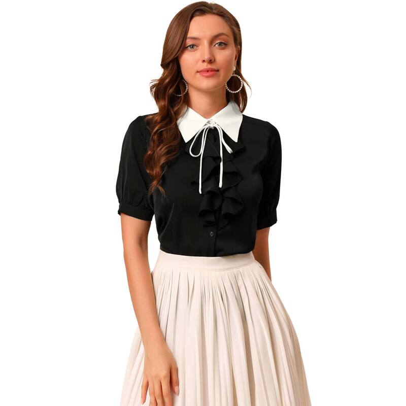 アレグラ ケー レディース トップス シャツ フリル コントラスト ALLEGRA K Women's Contrast Collar Tie Ruffle Front Button Short Sleeve Work Shirt Black ブラック