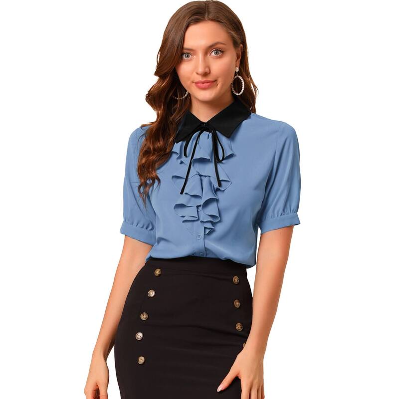 アレグラ ケー レディース トップス シャツ フリル コントラスト ALLEGRA K Women Contrast Collar Tie Ruffle Front Button Short Sleeve Work Shirt Dusty Blue ブルー