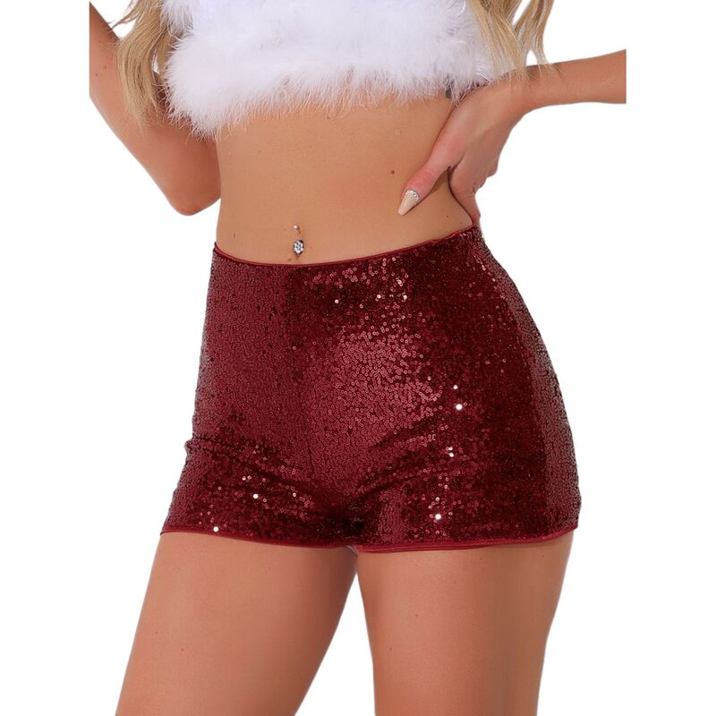 アレグラ ケー レディース ボトムス ハーフパンツ・ショーツ ミッドライズ ショートパンツ スパンコール ALLEGRA K Sequin Short Pants for Women's Midrise Solid Sparkle Coctail Elastic Waist Shorts Dark Red レッド|ReVida 店