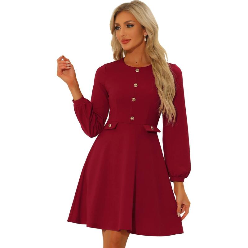 アレグラ ケー レディース トップス 衣装 対照 ALLEGRA K Work Office Dress For Women\u0027s Contrast Button Decor Long Sleeve Dresses Red 赤いこと