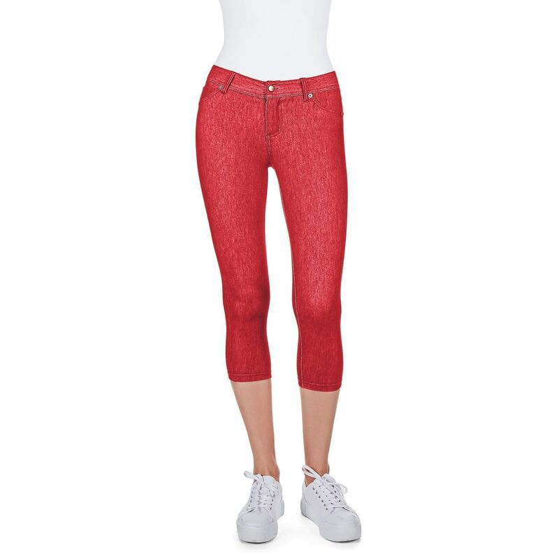 メモイ レディース ボトムス 心地好いズボン下 綿織物 ジーンズ 旗がしら レギンス MeMoi Denim Zipper Capri Cotton Blend Jean Leggings Red 赤いこと