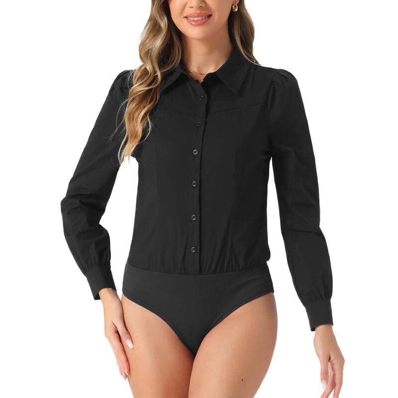 アレグラ ケー レディース トップス シャツ ボタンダウン ボディースーツ ALLEGRA K Leotard Shirt for Women Collared Business Casual Button Down Long Sleeves Bodysuitop Black ブラック|ReVida 店