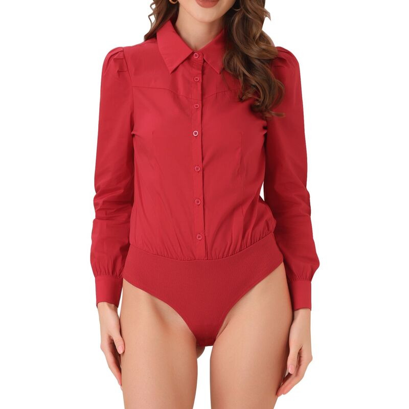 アレグラ ケー レディース トップス シャツ ボタンダウン ボディースーツ ALLEGRA K Leotard Shirt for Women Collared Business Casual Button Down Long Sleeves Bodysuitop Red レッド