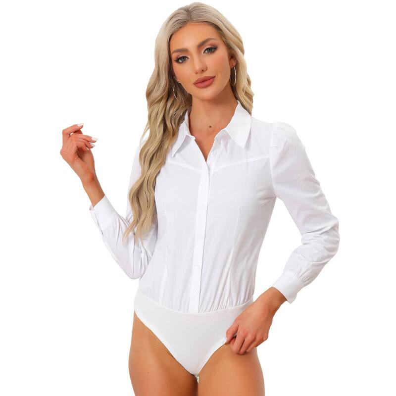 アレグラ ケー レディース トップス シャツ ボタンダウン ボディースーツ ALLEGRA K Leotard Shirt for Women Collared Business Casual Button Down Long Sleeves Bodysuitop White ホワイト