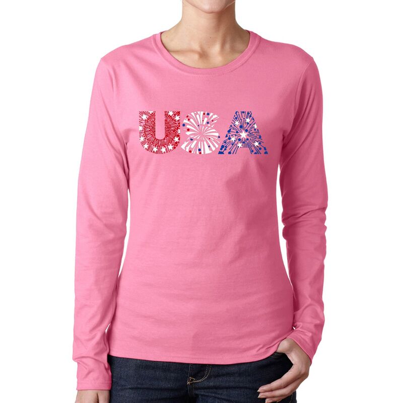 エルエーポップアート レディース トップス Tシャツ LA Pop Art Usa Fireworks - Women's Word Art Long Sleeve T-shirt Pink ピンク|ReVida 店