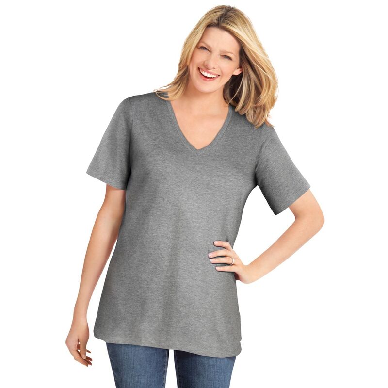 ウーマン ウィズイン レディース トップス Tシャツ Vネック プラスサイズ プチ 半袖 Woman Within Plusize Petite Perfect Short-Sleeve V-Neck Tee Medium Heather Grey グレー