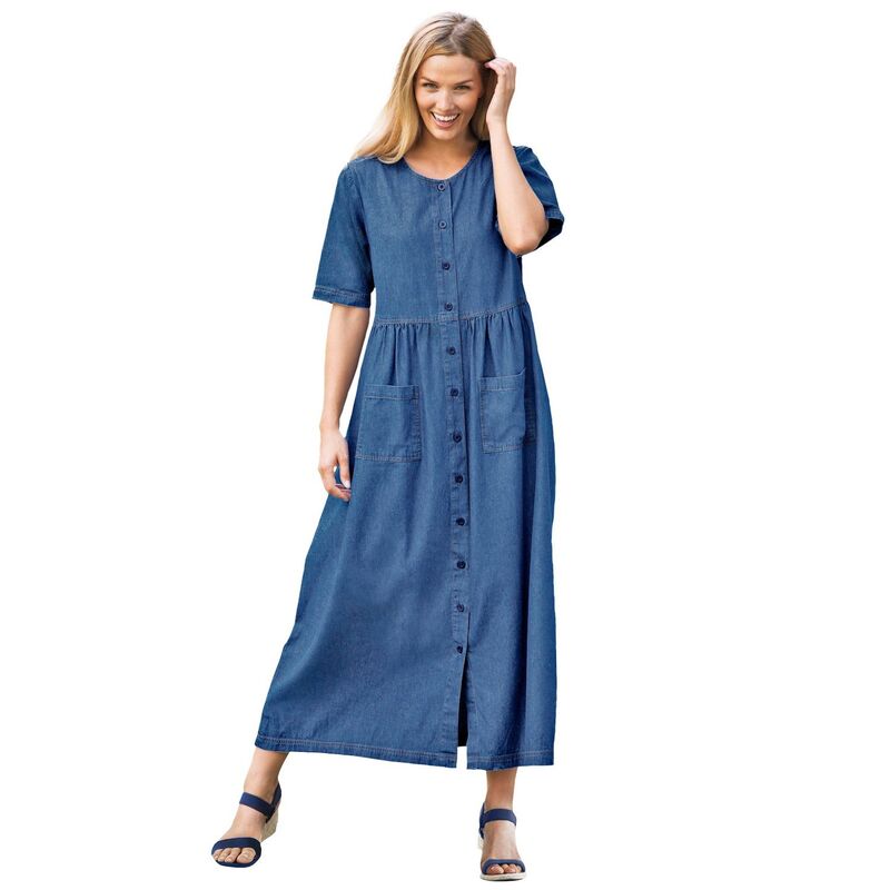 ウーマン ウィズイン レディース トップス ワンピース プラスサイズ 半袖 デニム Woman Within Plusize Short-Sleeve Denim Dress Medium Stonewash デニム|ReVida 店