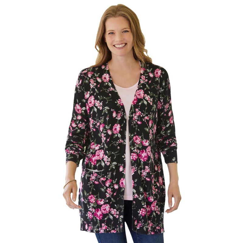 ウーマン ウィズイン レディース アウター ニット・セーター プラスサイズ コットン カーディガン Woman Within Plusize Perfect Longer-Length Cotton Cardigan Sweater Black Floral ブラック