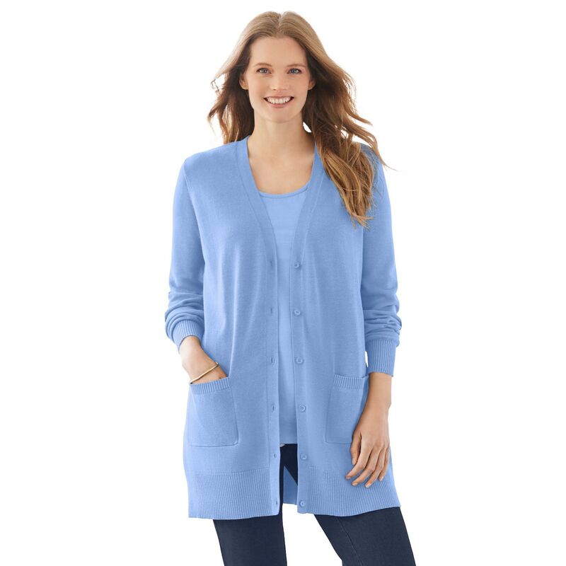 ウーマン ウィズイン レディース アウター ニット・セーター プラスサイズ コットン カーディガン Woman Within Plusize Perfect Longer-Length Cotton Cardigan Sweater French Blue ブルー
