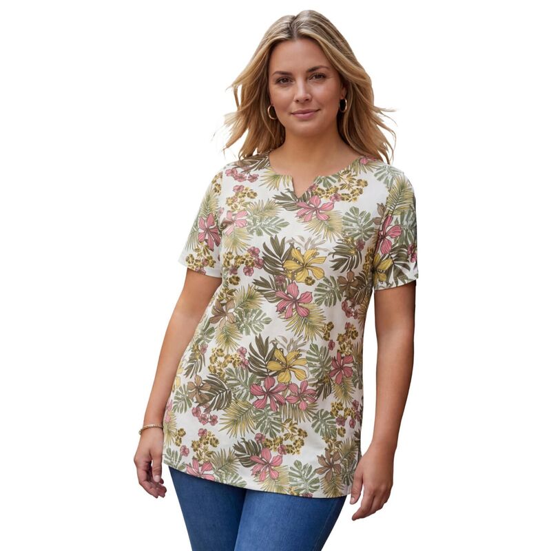 ロアマンズ レディース トップス Tシャツ プラスサイズ プリント ニット Roaman's Women's Plusize Soft Knit Printunic With Notch Neckline White Tropical Floral ホワイト