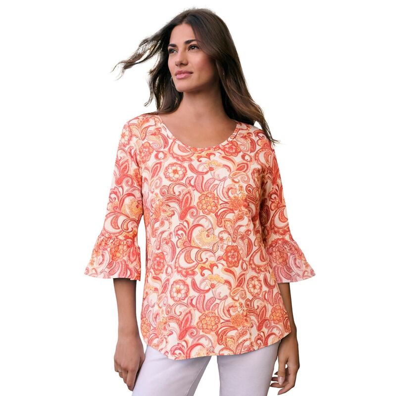 ロアマンズ レディース トップス Tシャツ プラスサイズ コットン Roaman's Women's Plusize Cotton Ultimate Bell Sleeve Tee White Paisley Floral ホワイト 9,235円
