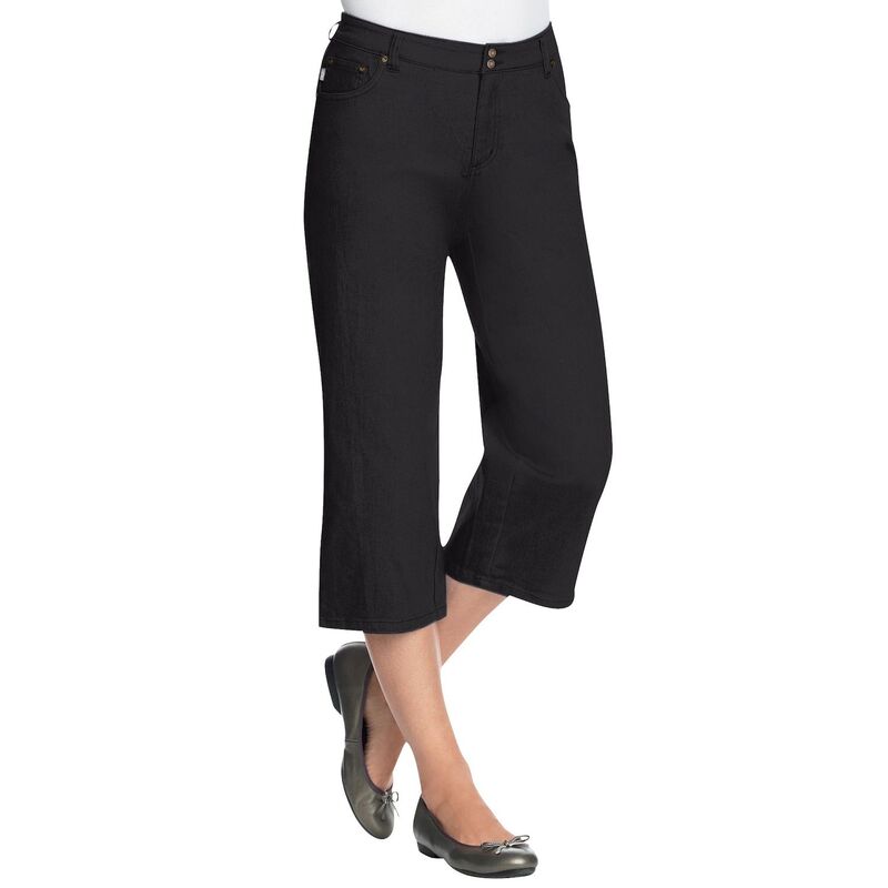 ウーマン ウィズイン レディース ボトムス カジュアルパンツ プラスサイズ プチ キャップ ジーンズ Woman Within Plusize Petite Stretch Built-In Slimming Panel Capri Jeans Black Denim ブラック