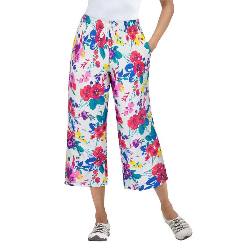 ウーマン ウィズイン レディース ボトムス カジュアルパンツ プラスサイズ プチ キャップ ニット Woman Within Plusize Petite Sport-Knit Pull-On Capri Pants White Coral Floral ホワイト